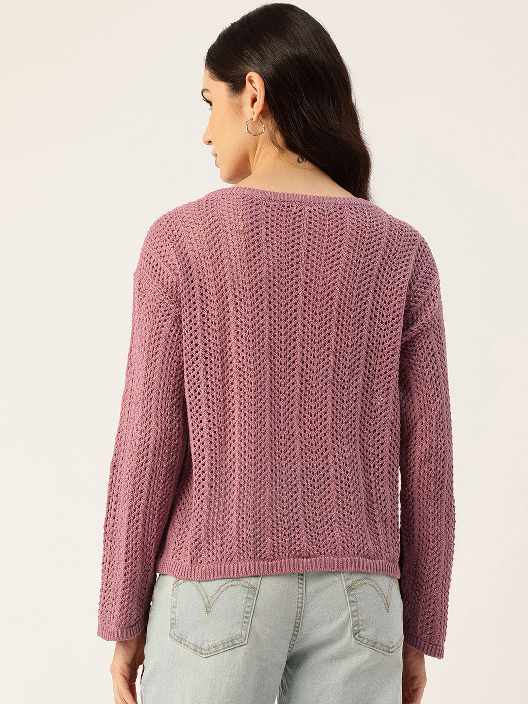Women Peach Drop Shoulder Crochet Loose Fit Sweater Back View