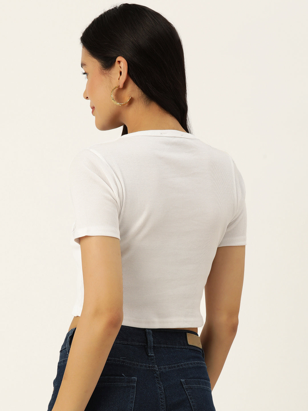 Womens White Henley Crew Neck Top BAck View