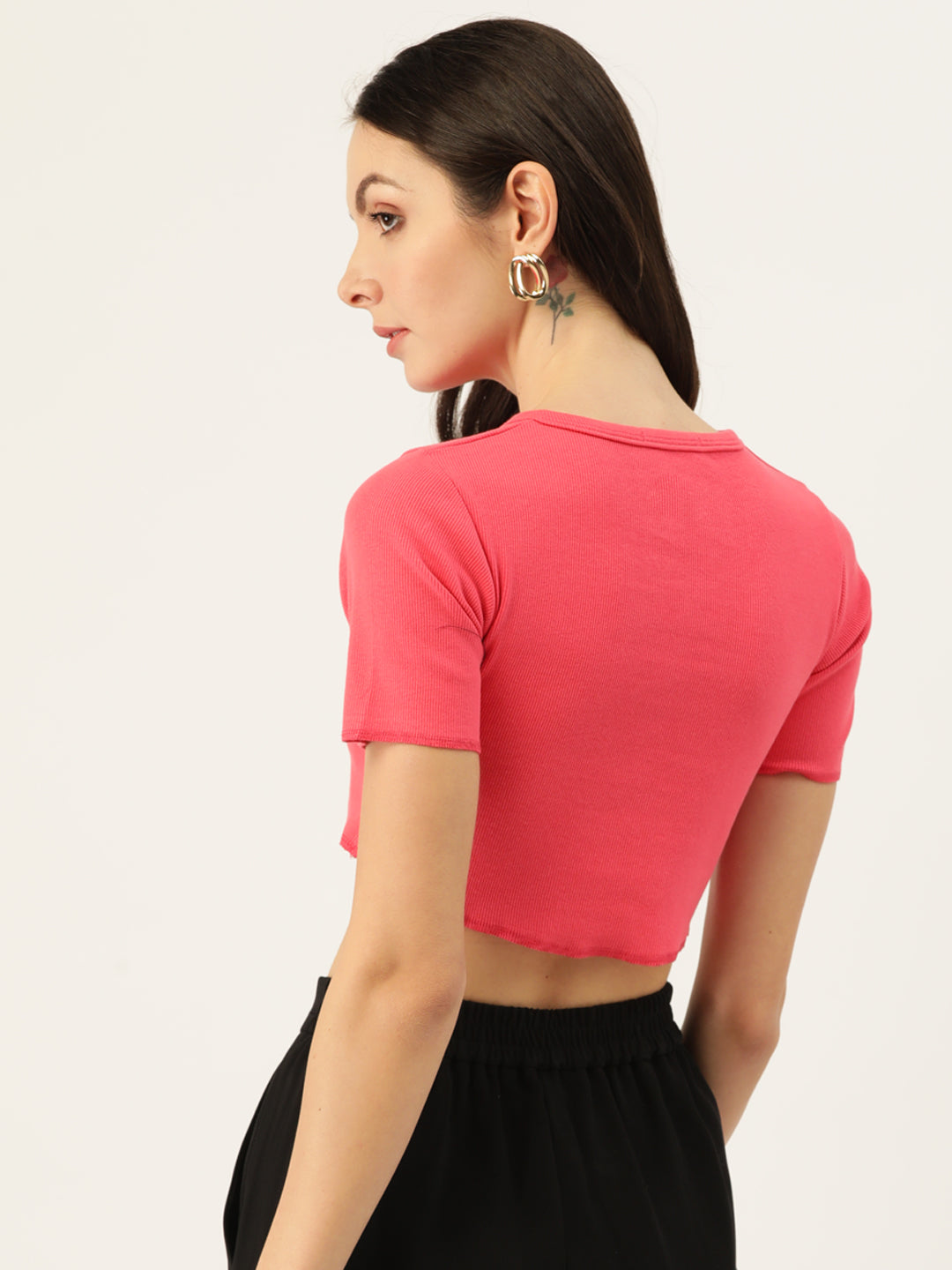 Womens Pink Henley Crew Neck Top Back View
