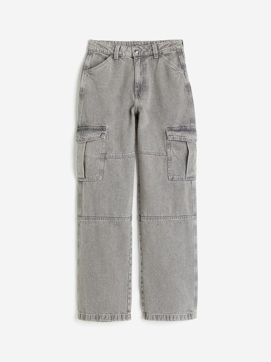 Women Grey Wide Leg Grey Cargo Front View