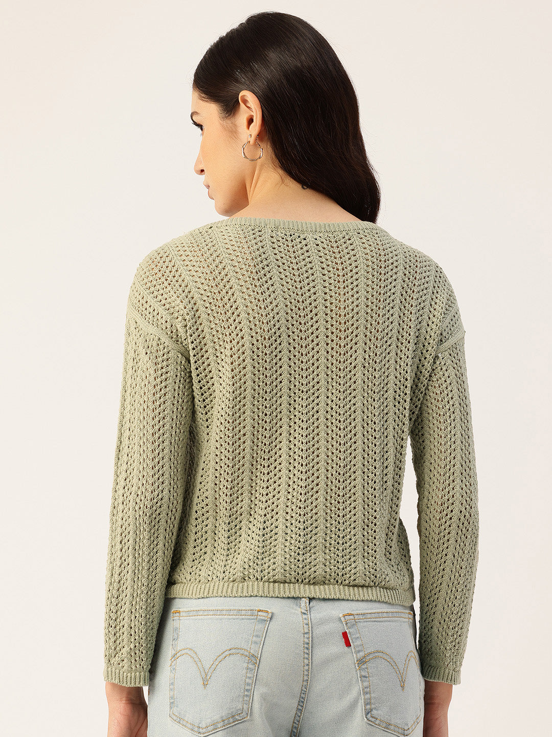 Women Olive Drop Shoulder Crochet Loose Fit Sweater Back View