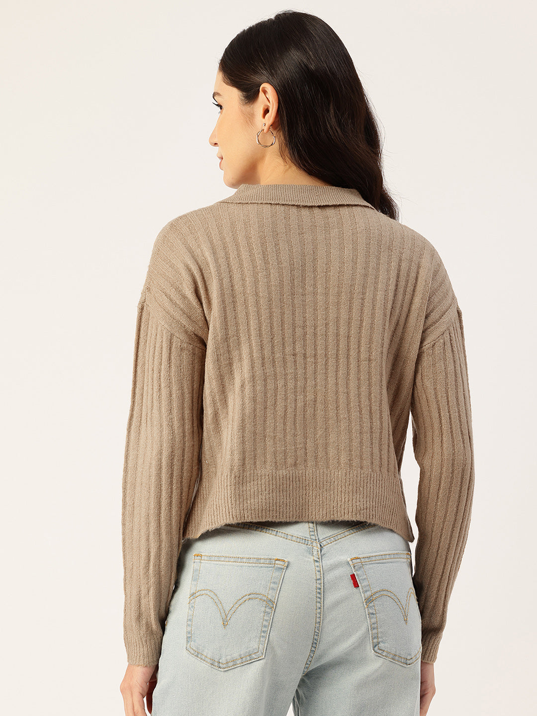 Women Brown Drop-Shoulder Collared Crop Sweater Back View