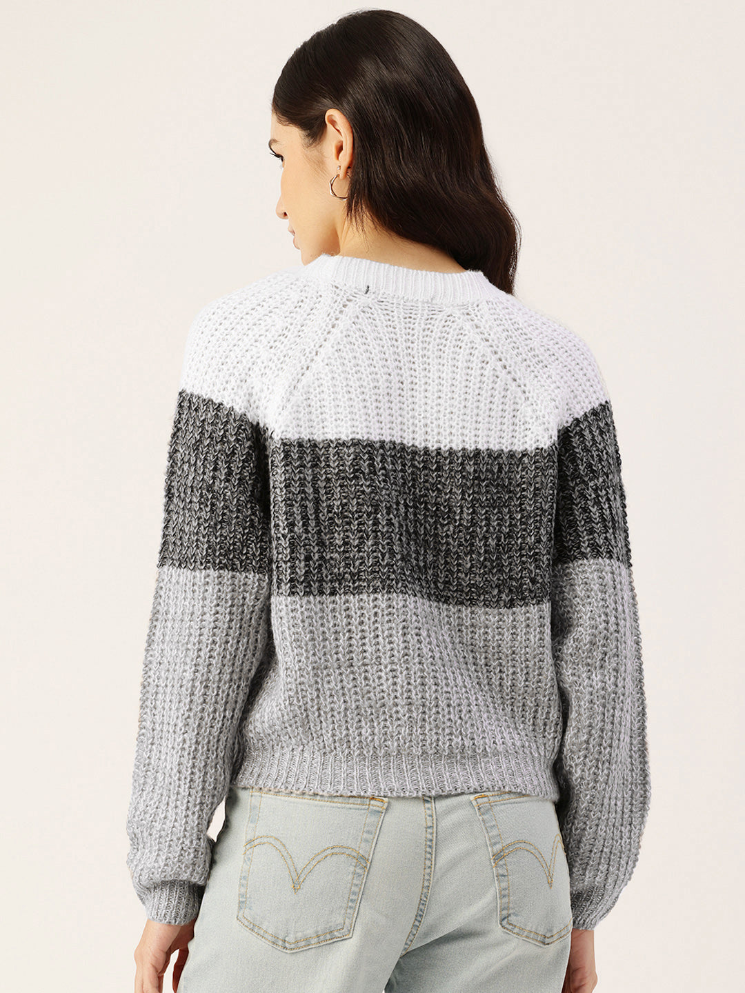Women Grey and White Striped Drop Shoulder Crop Sweater Back View