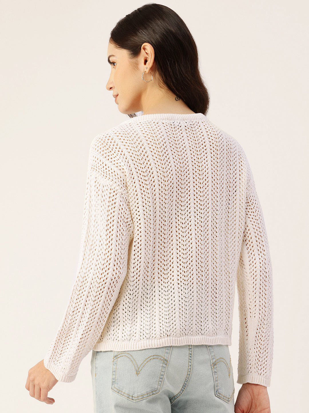 Women White Drop Shoulder Crochet Loose Fit Sweater Back View