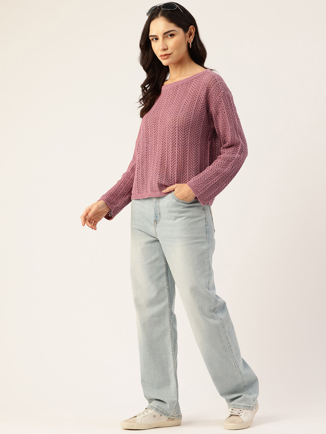 Women Peach Drop Shoulder Crochet Loose Fit Sweater Front View