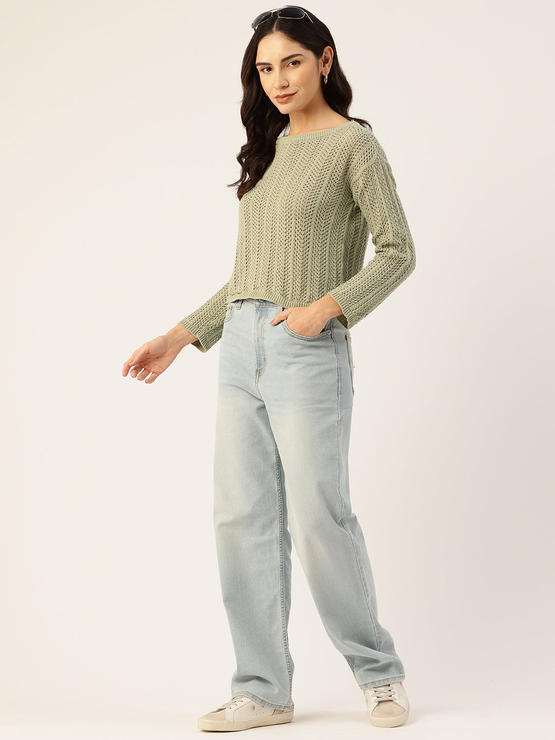 Women Olive Drop Shoulder Crochet Loose Fit Sweater SIde View