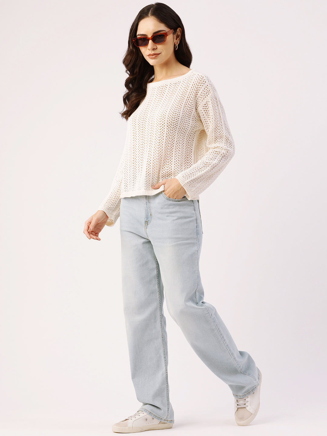 Women White Drop Shoulder Crochet Loose Fit Sweater Front View