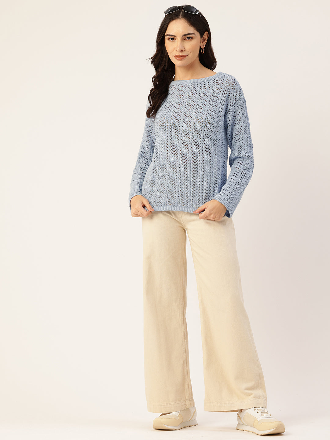 Women Sky blue Drop Shoulder Crochet Loose Fit Sweater Front View