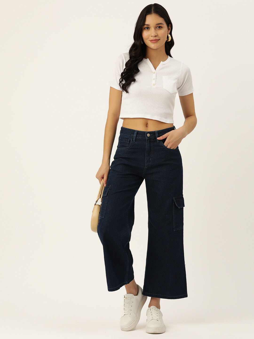 Womens White Henley Crew Neck Top Front View