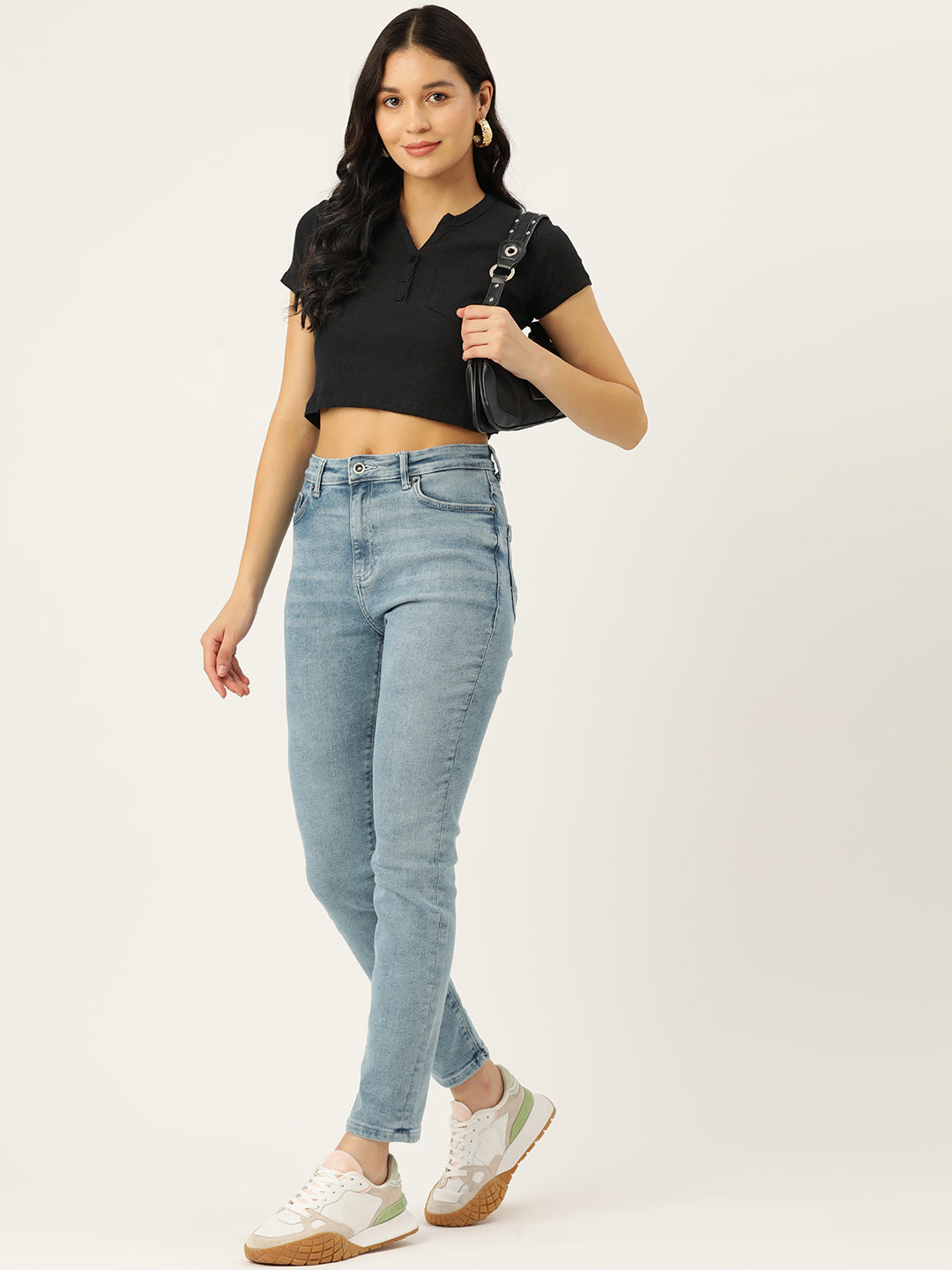 Womens Black Henley Crew Neck Top Front View