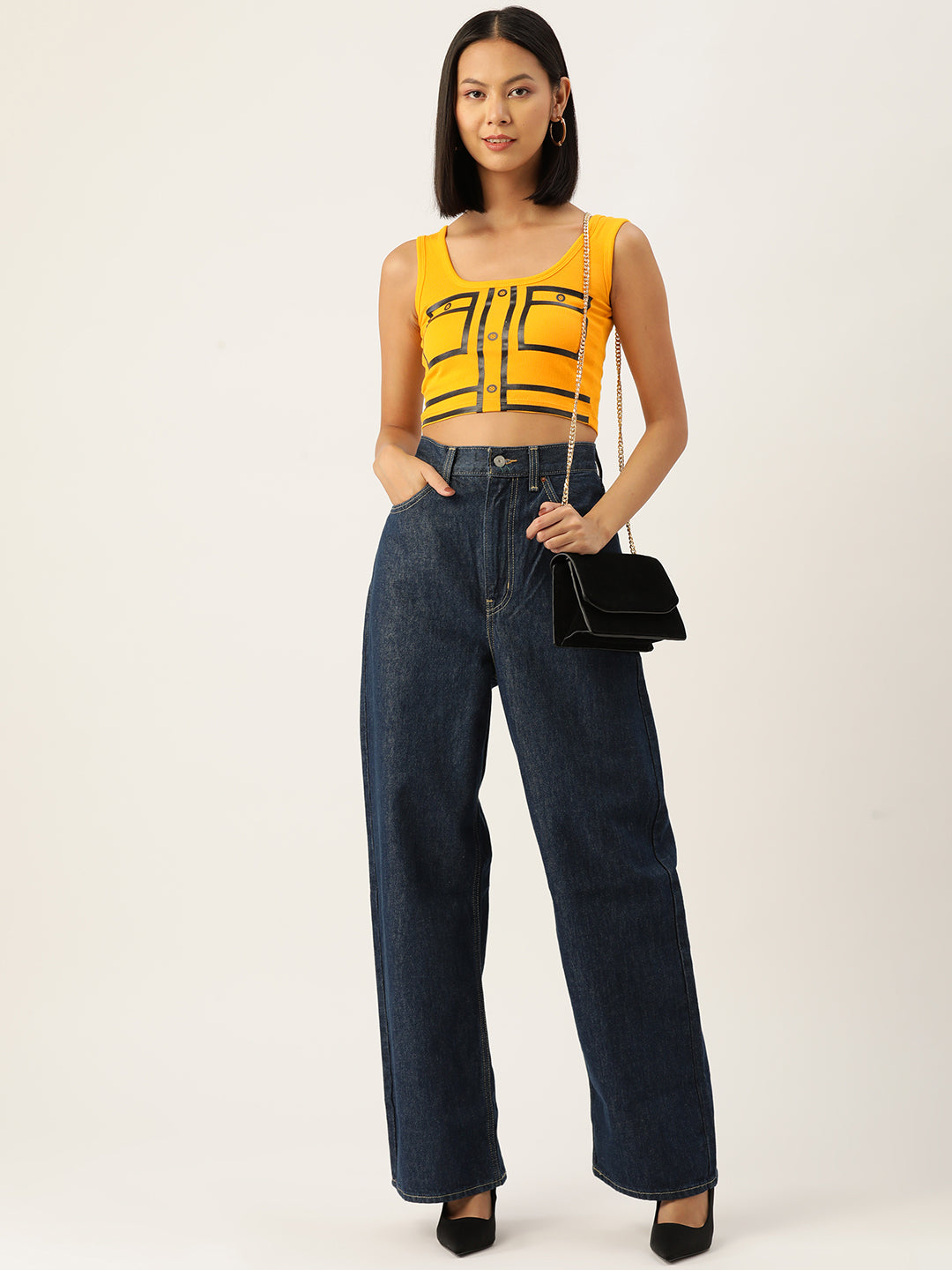 Womens Yellow Printed Tank Tops Front View