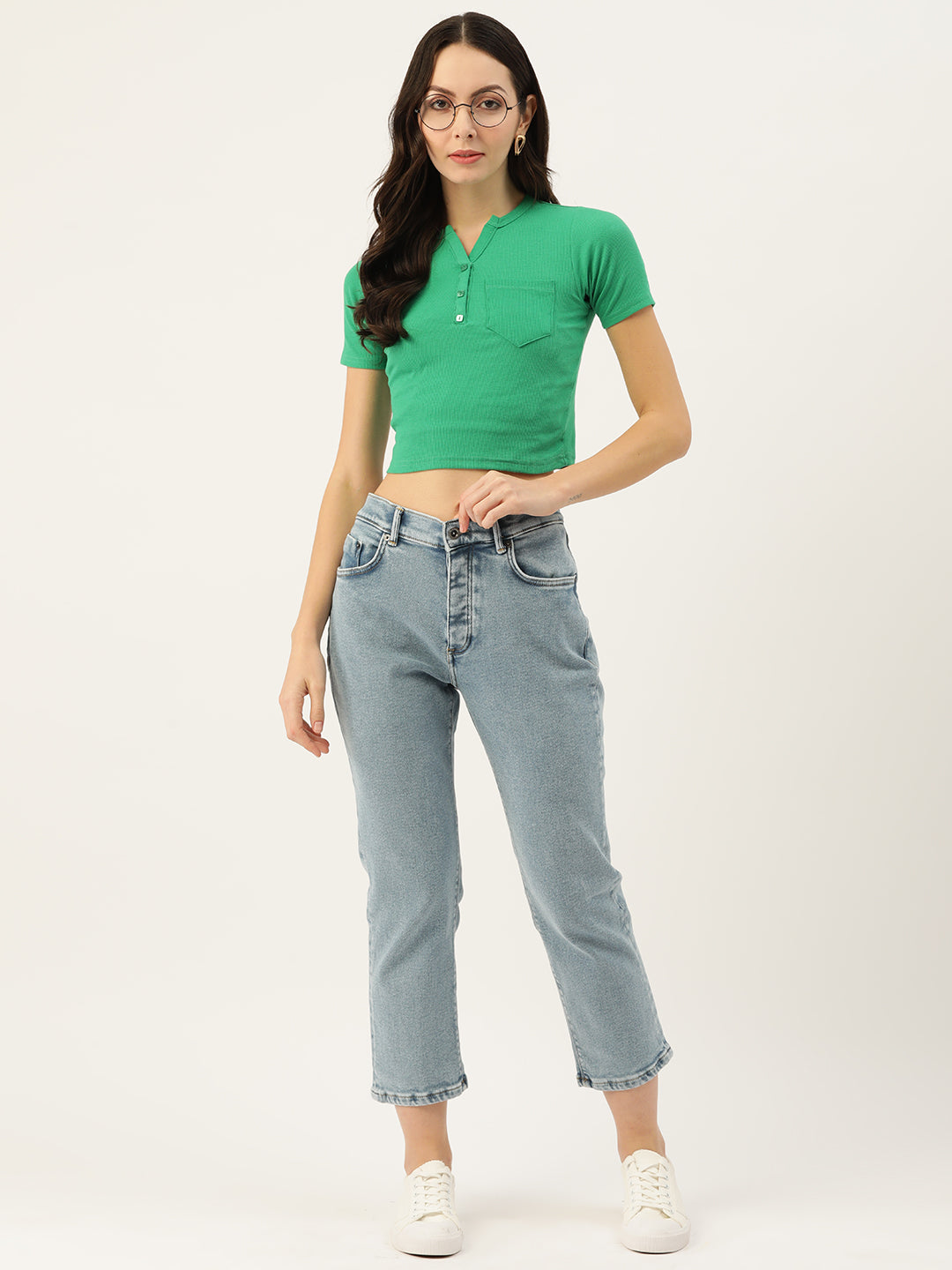 Womens Green Henley Crew Neck Top Front View