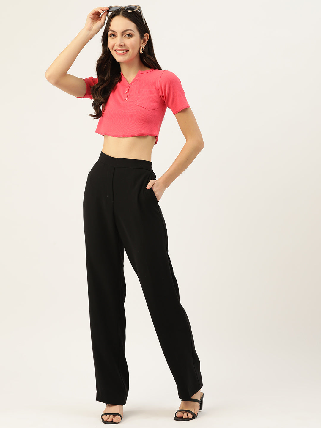 Womens Pink Henley Crew Neck Top Front View