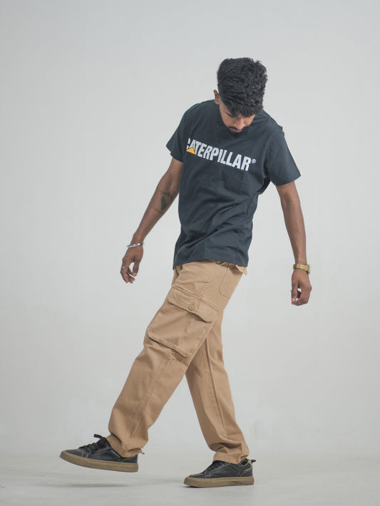 Men Beige Cotton Lycra 6 Pocket Cargo Pants Side View