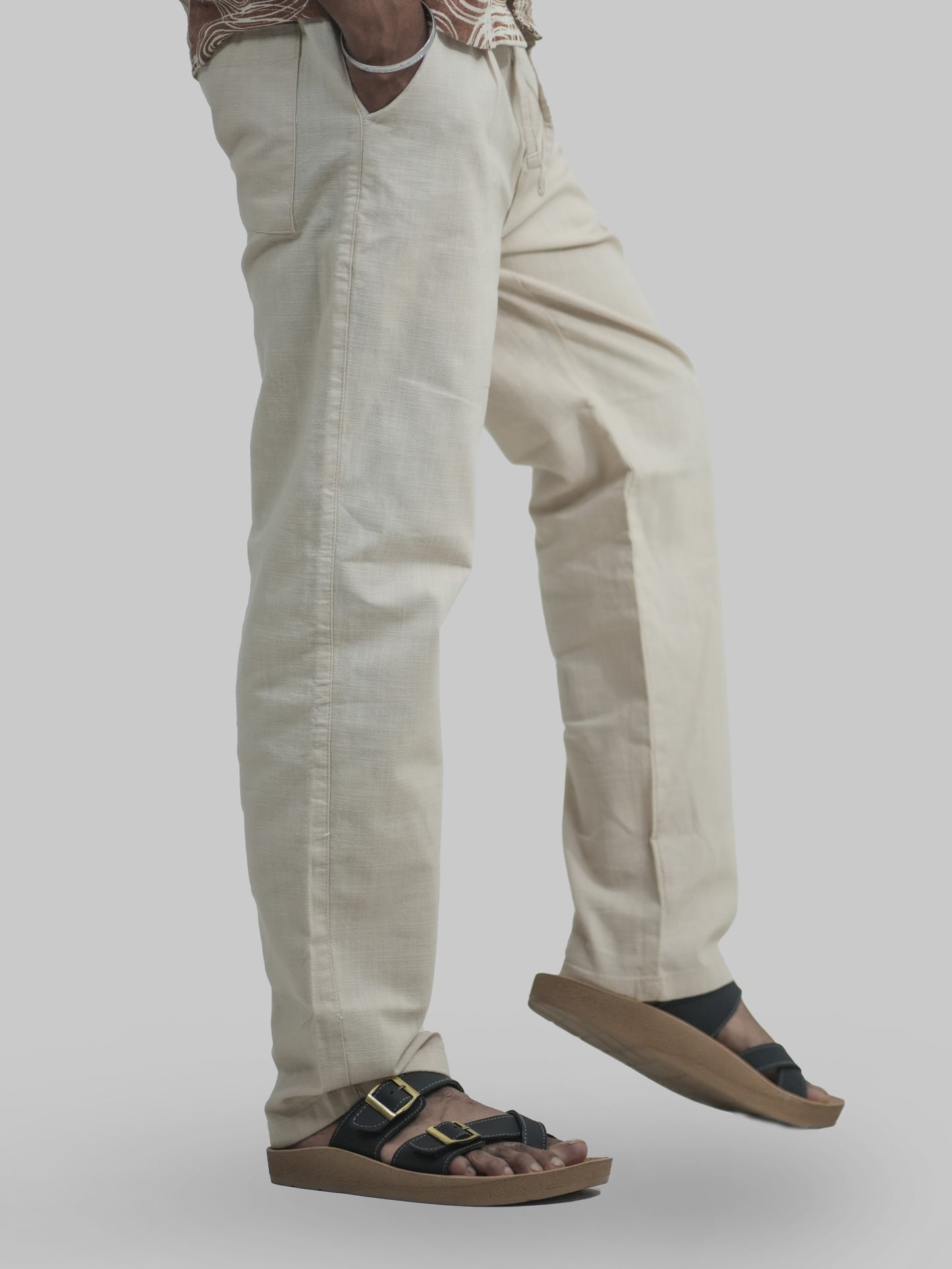 Men’s Beige Linen Trousers deep pockets detail functional design