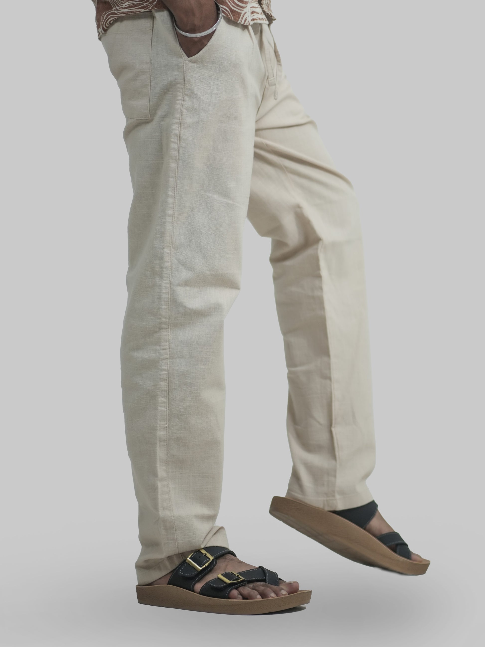 Men’s Beige Linen Trousers deep pockets detail functional design