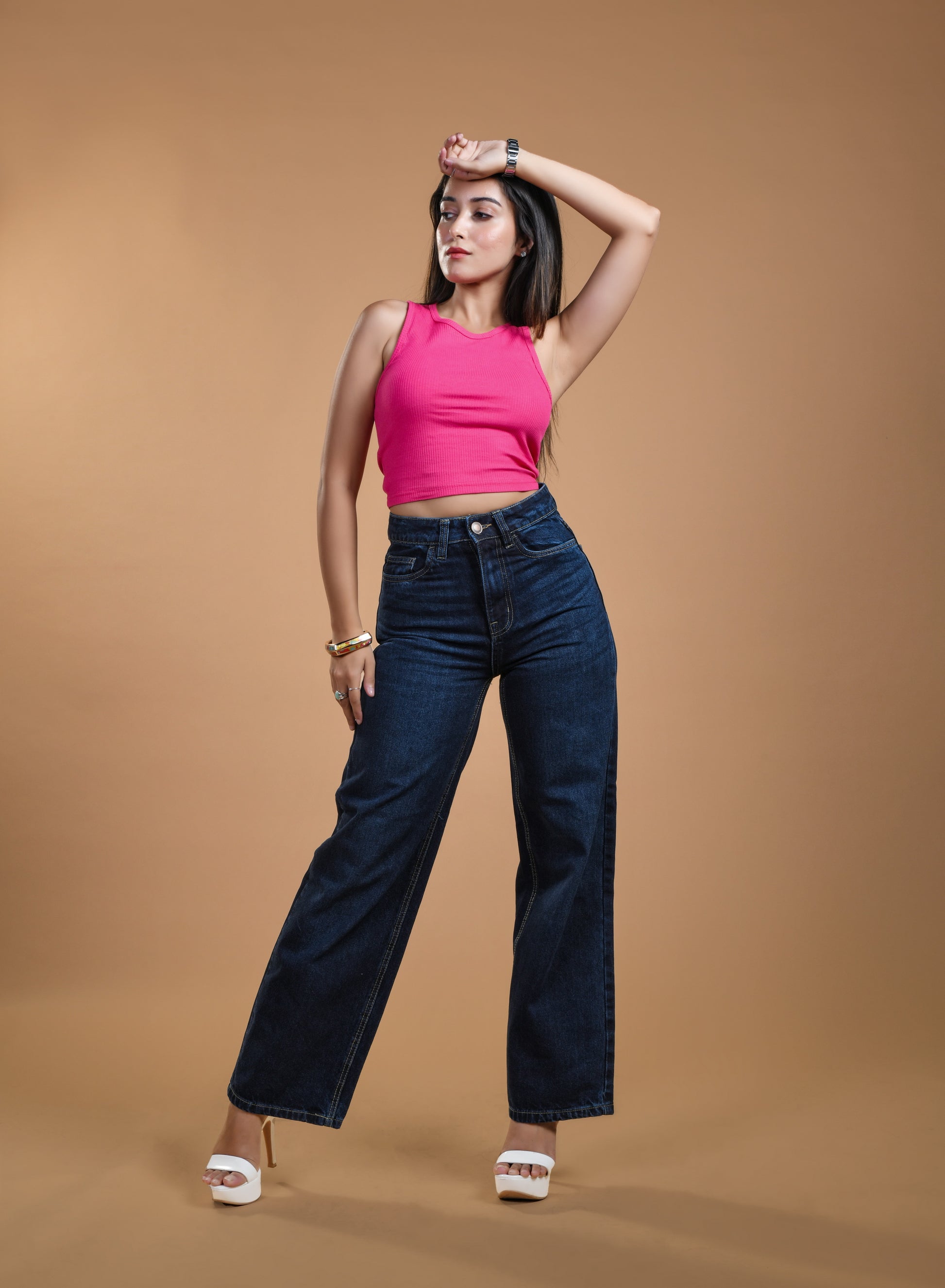 Women Dark Blue High Rise Wide Leg Jeans Front View