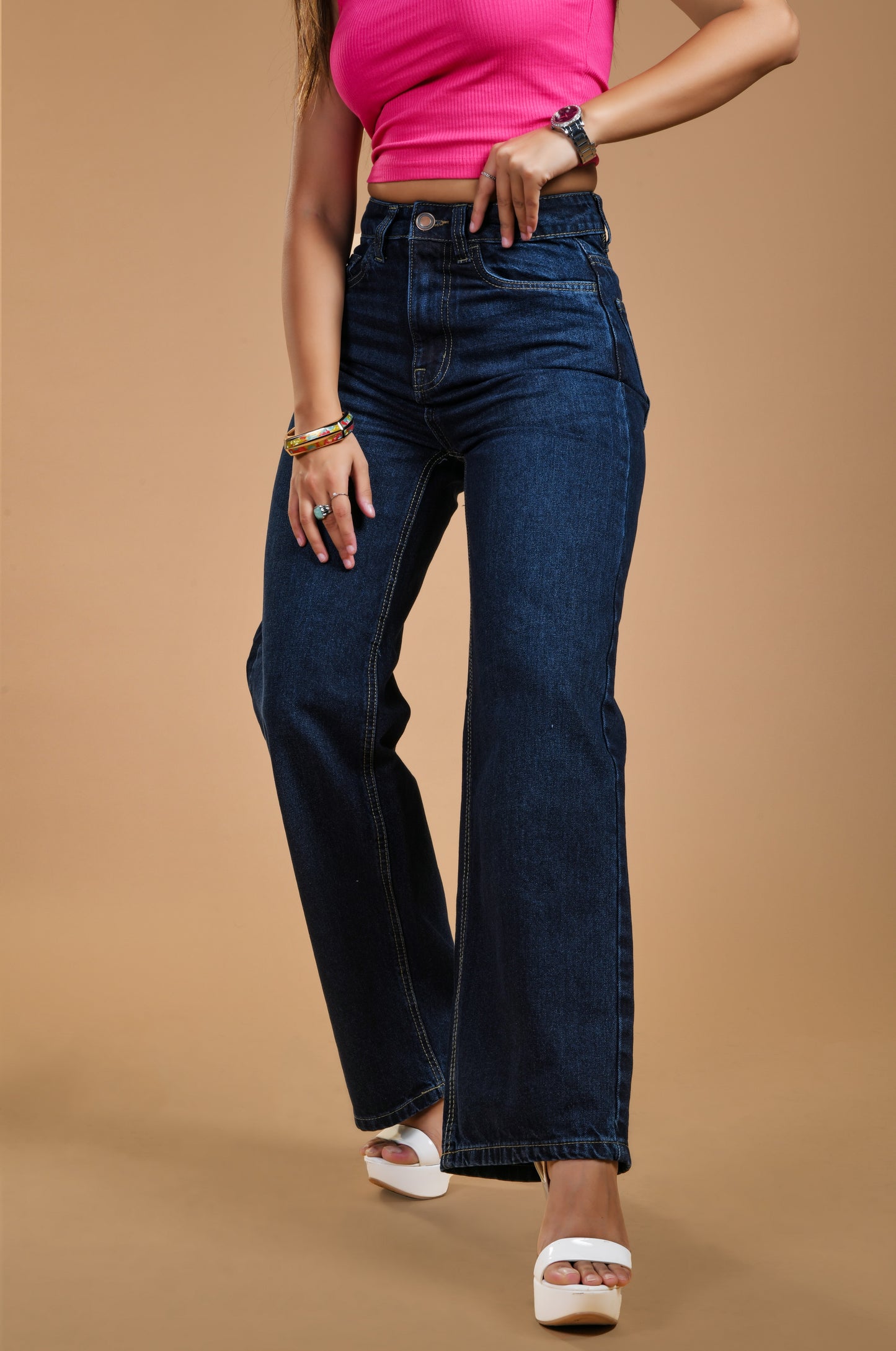  Women Dark Blue High Rise Wide Leg Jeans Closeup View