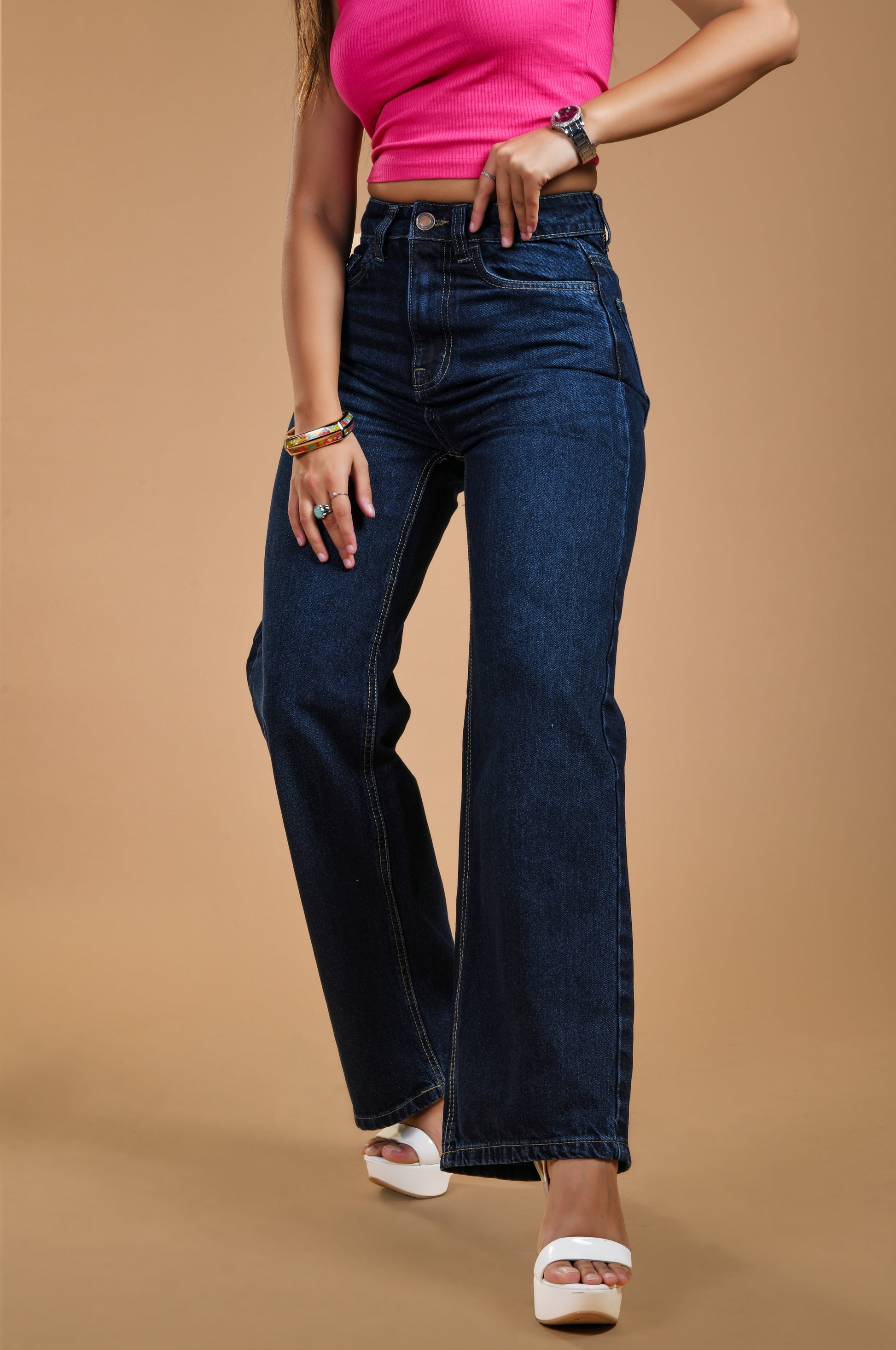  Women Dark Blue High Rise Wide Leg Jeans Closeup View