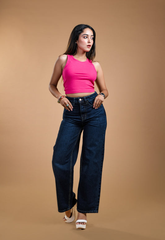  Women Dark Blue High Rise Wide Leg Jeans Front View