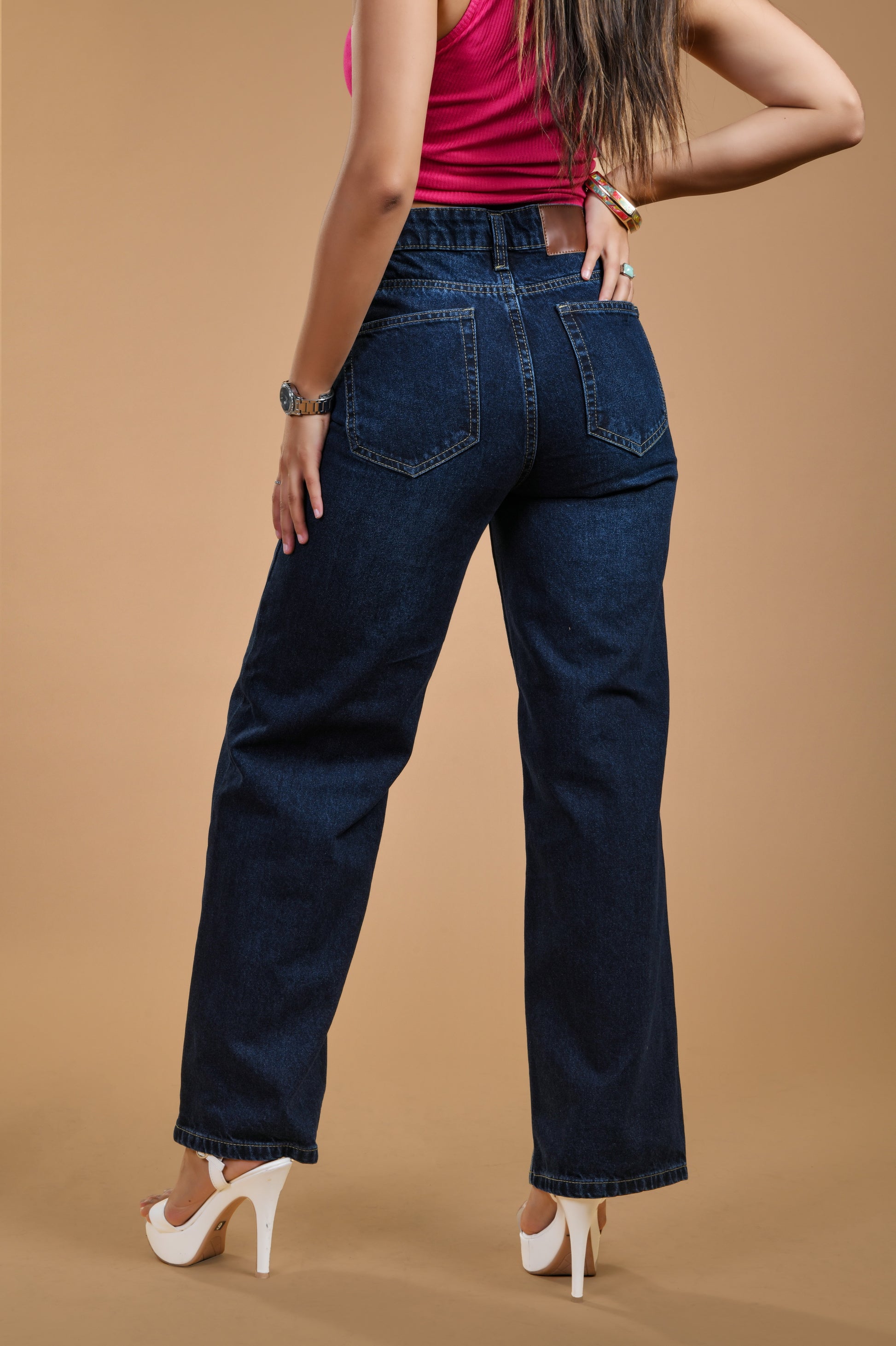  Women Dark Blue High Rise Wide Leg Jeans Back View