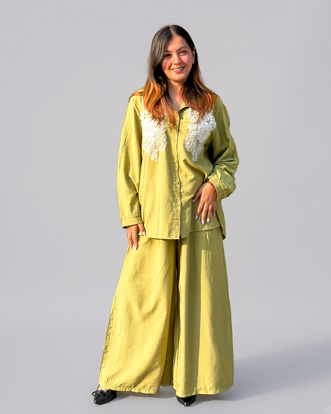 Women Green Cotton Full Sleeves Embroidered Coordset