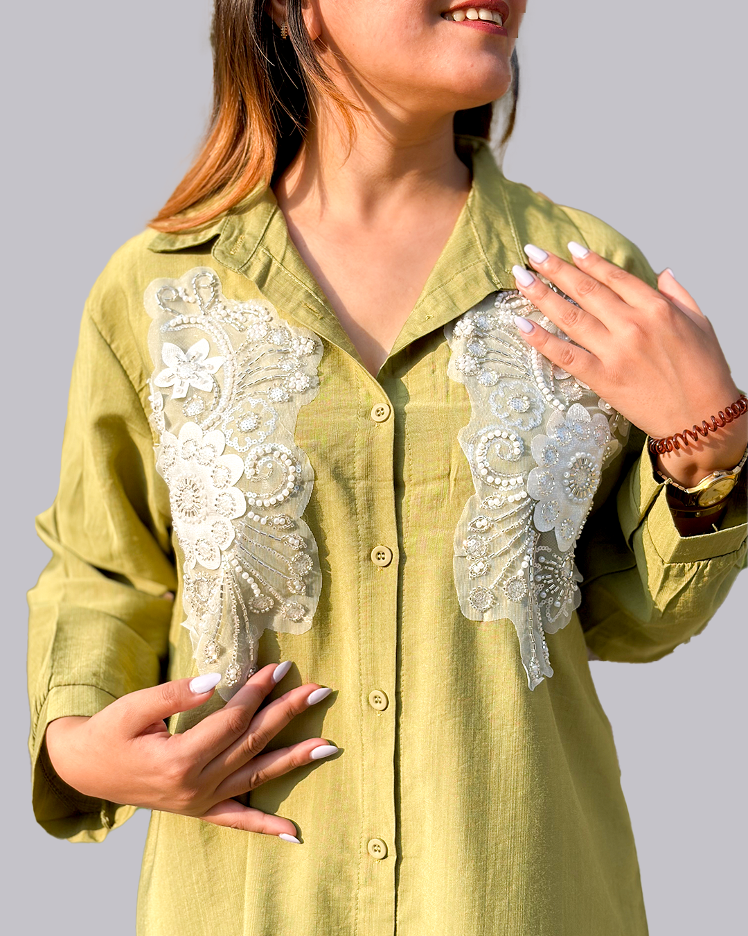 Women Green Cotton Full Sleeves Embroidered Coordset