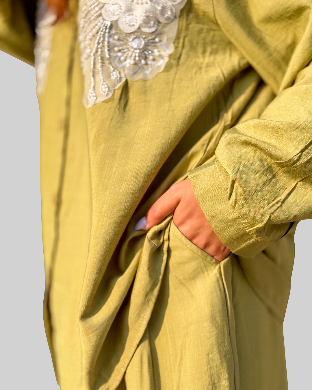 Women Green Cotton Full Sleeves Embroidered Coordset