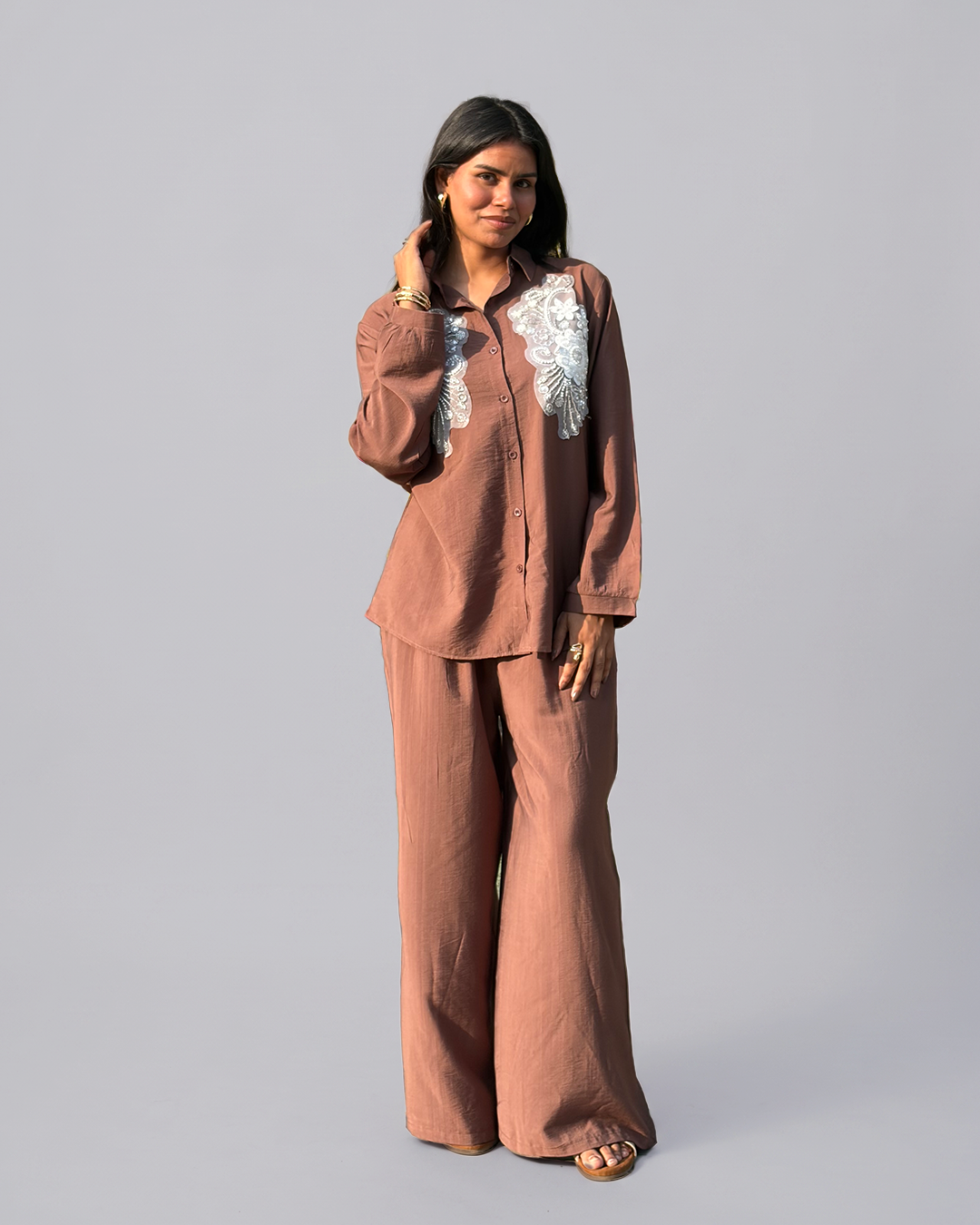 Women Brown Cotton Full Sleeves Embroidered Coordset