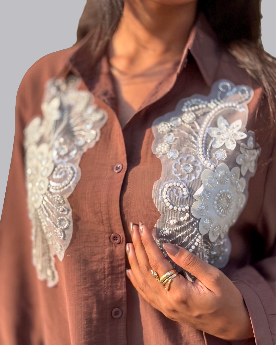 Women Brown Cotton Full Sleeves Embroidered Coordset
