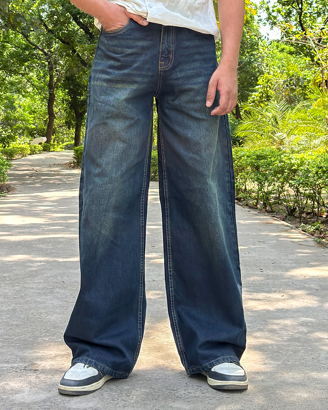 Men Wide Leg Baggy Jeans - Vintage Dark Wash