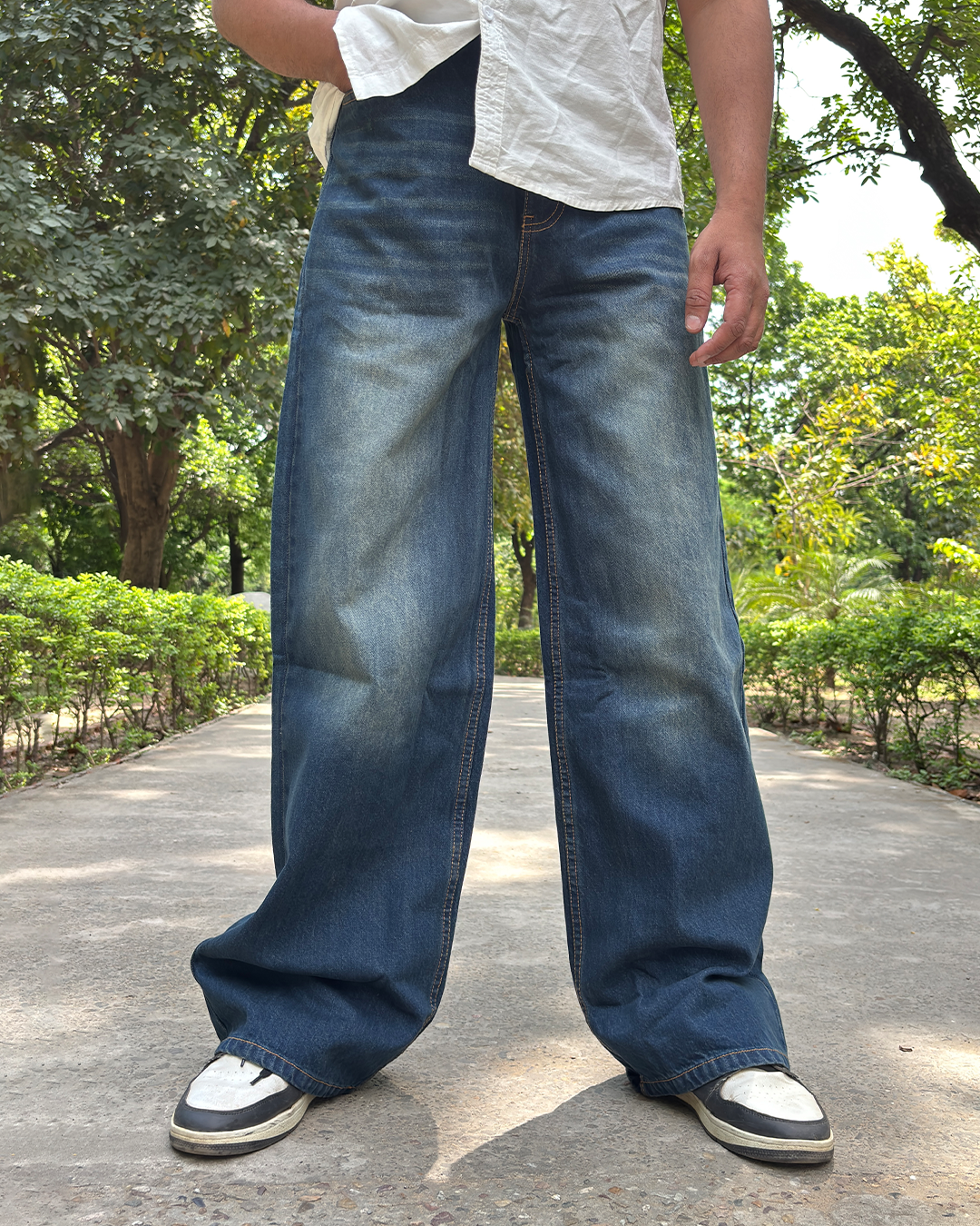 Men Wide Leg Baggy Jeans - Vintage Faded blue Wash