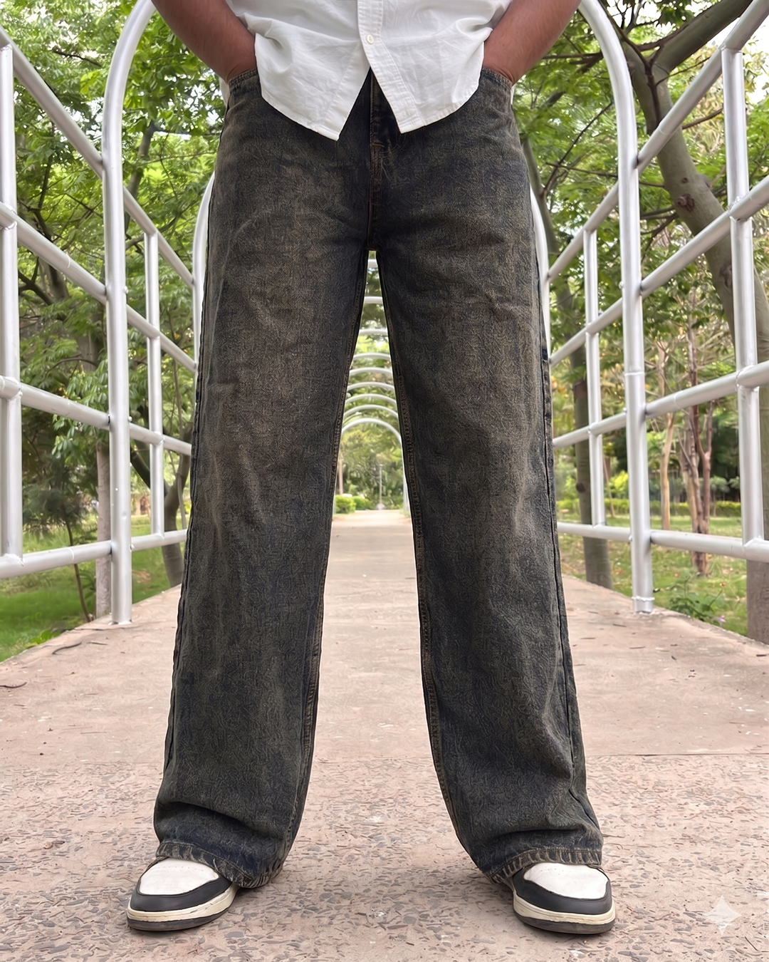 Men Wide Leg Baggy Jeans - Vintage Sand-Washed Indigo
