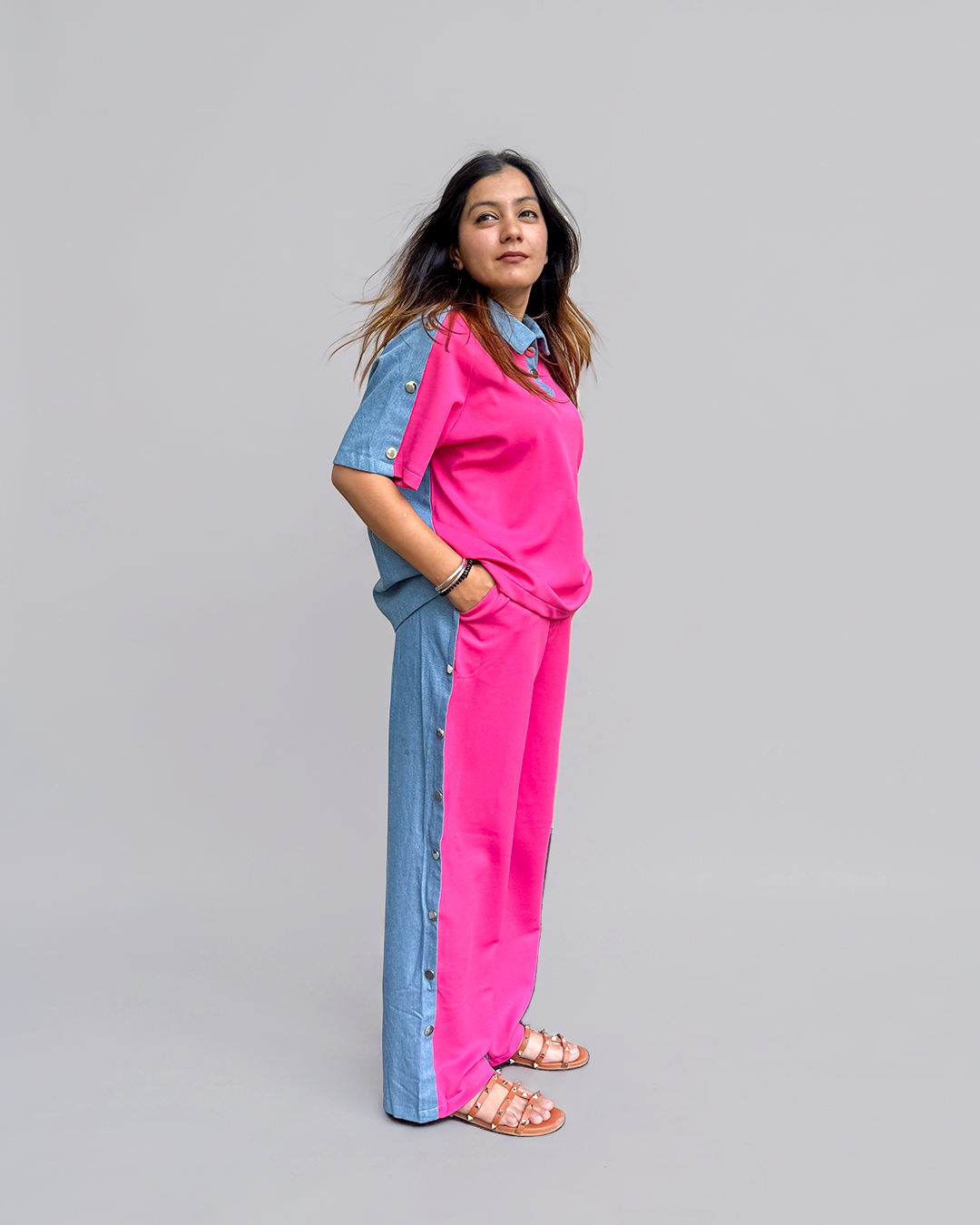 Women Blue and Pink Cotton Full Sleeves Embroidered Coordset