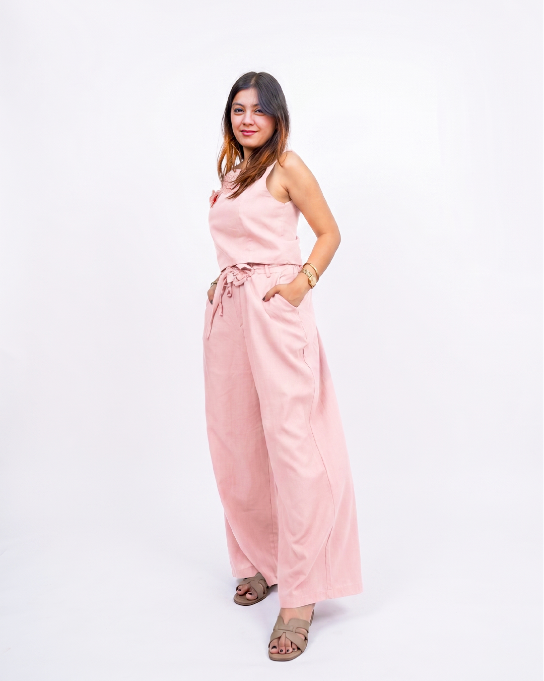 Women’s Pink Korean Style One Shoulder Co-ord Set for Women - Free Size