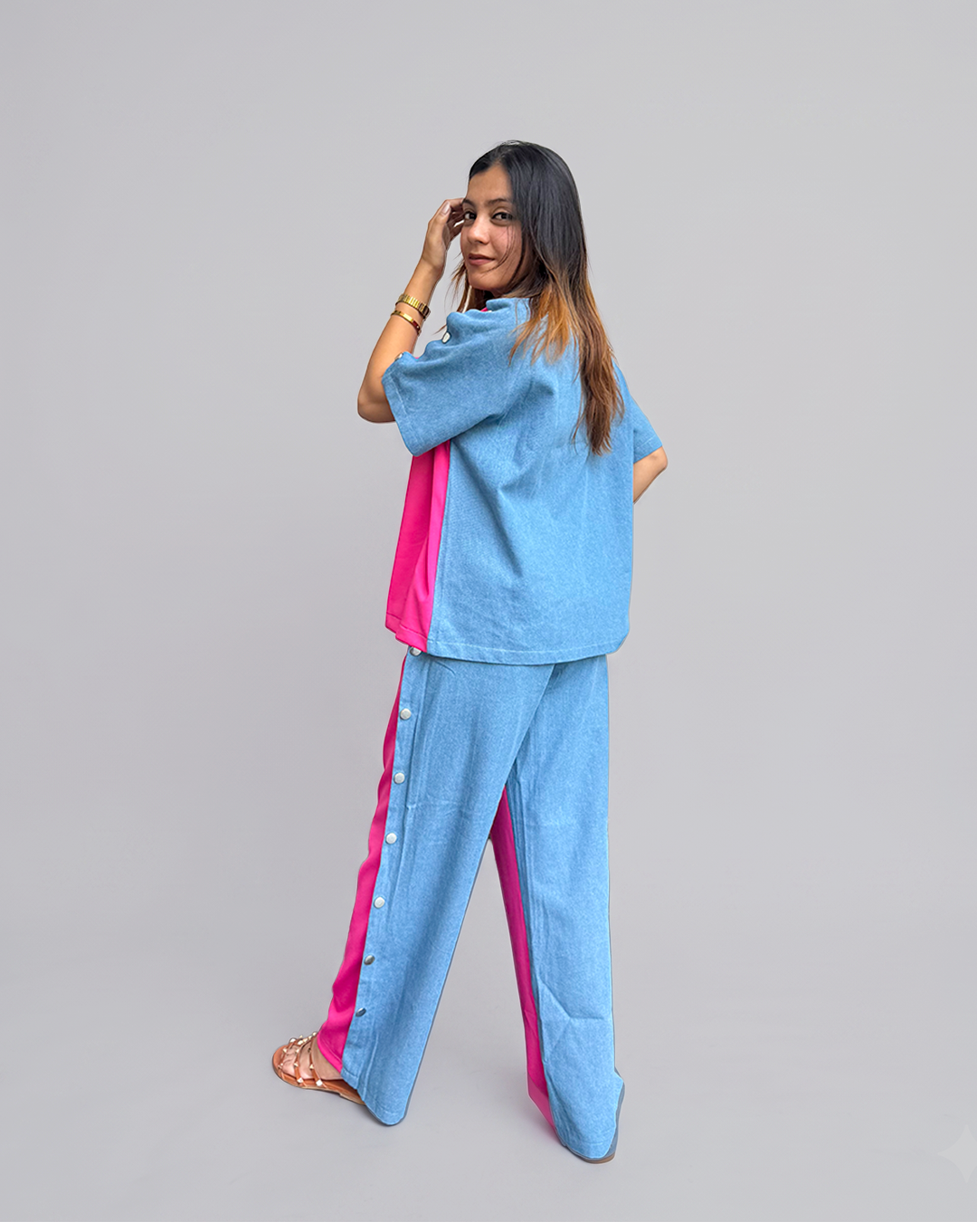 Women Blue and Pink Cotton Full Sleeves Embroidered Coordset