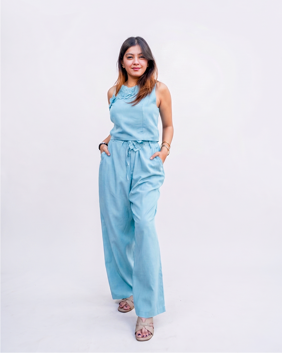 Women’s Sky Blue Korean Style One Shoulder Co-ord Set for Women - Free Size