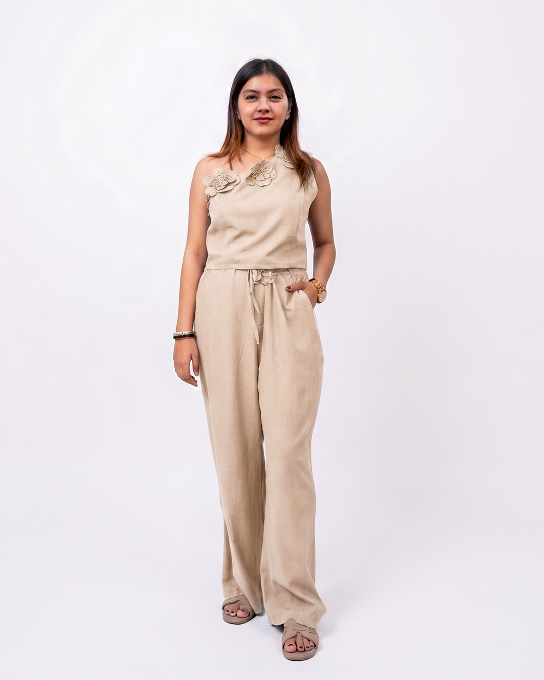 Women’s Beige Korean Style One Shoulder Co-ord Set for Women - Free Size