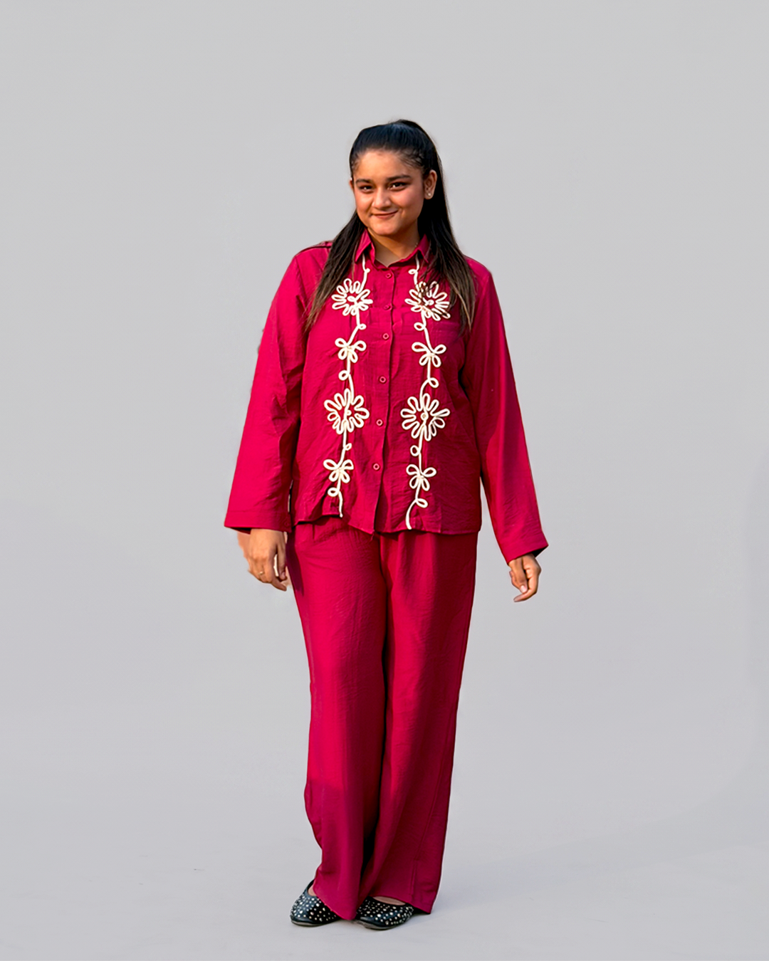 Women Pink Cotton Full Sleeves Embroidered Coordset