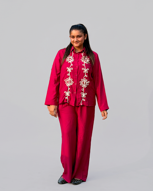 Women Pink Cotton Full Sleeves Embroidered Coordset