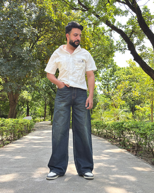 Men Wide Leg Baggy Jeans - Vintage Dark Wash