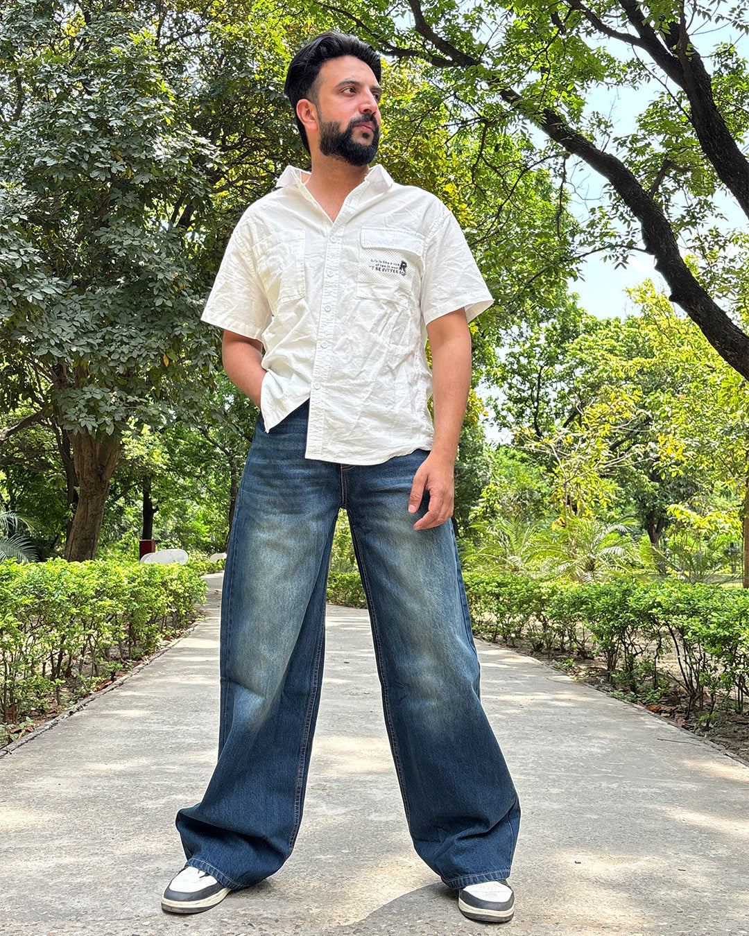 Men Wide Leg Baggy Jeans - Vintage Faded blue Wash