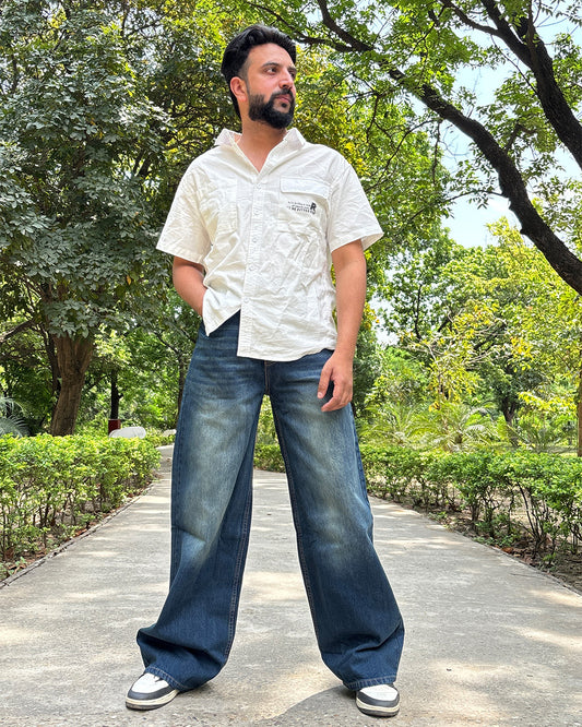 Men Wide Leg Baggy Jeans - Vintage Faded blue Wash