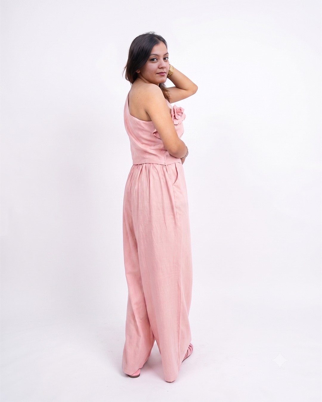 Women’s Pink Korean Style One Shoulder Co-ord Set for Women - Free Size