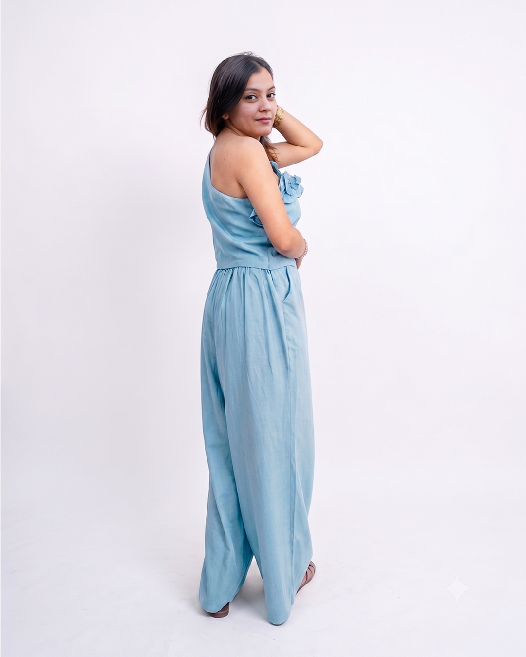 Women’s Sky Blue Korean Style One Shoulder Co-ord Set for Women - Free Size