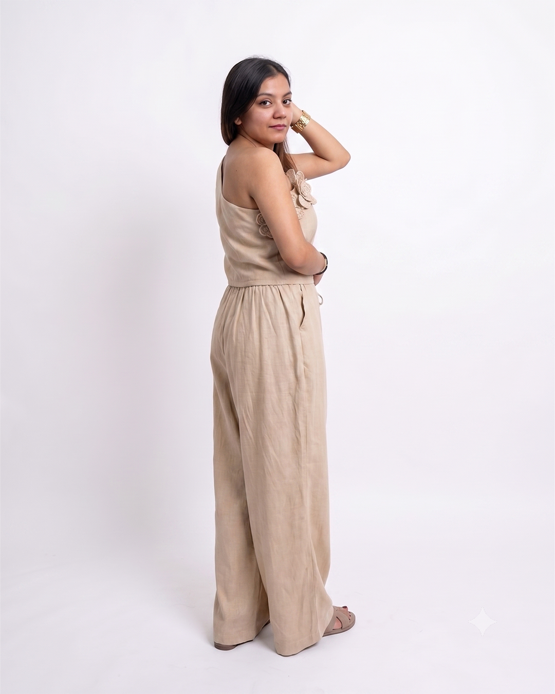 Women’s Beige Korean Style One Shoulder Co-ord Set for Women - Free Size