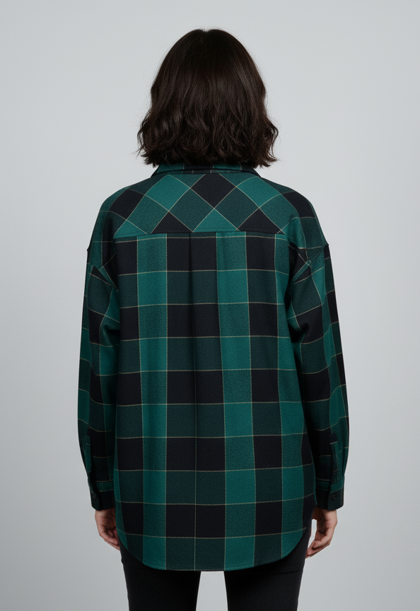 Womens Dark Green Drop Shoulder Check Shirt With Pocket Back View