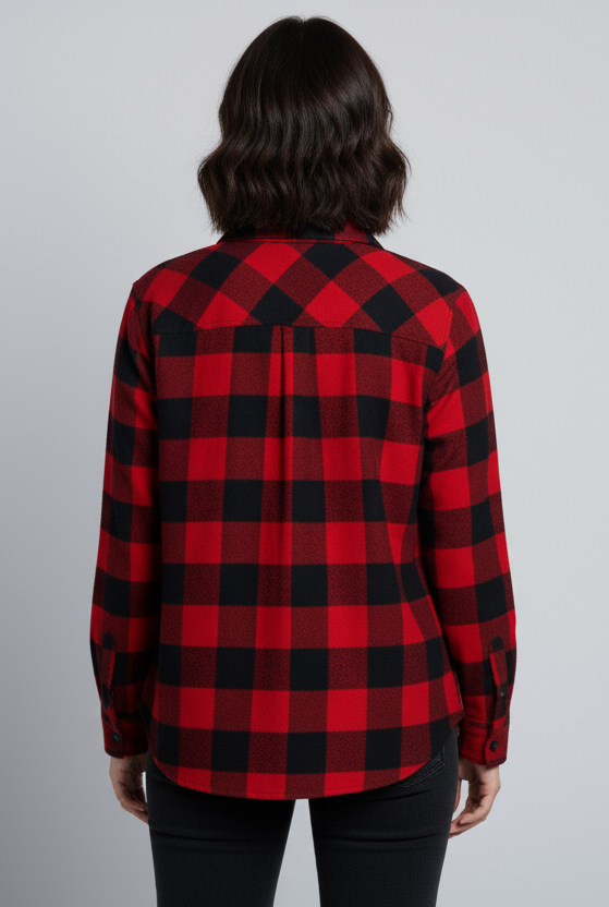 Womens Red & Black Drop Shoulder Check Shirt With Pocket Back View