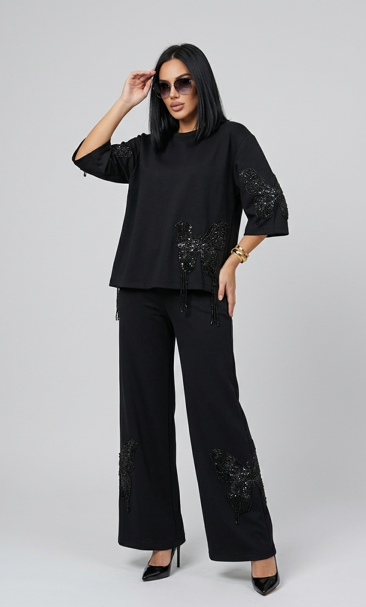 Women's Black Butterfly Appliqué Free Size Co-ord Set