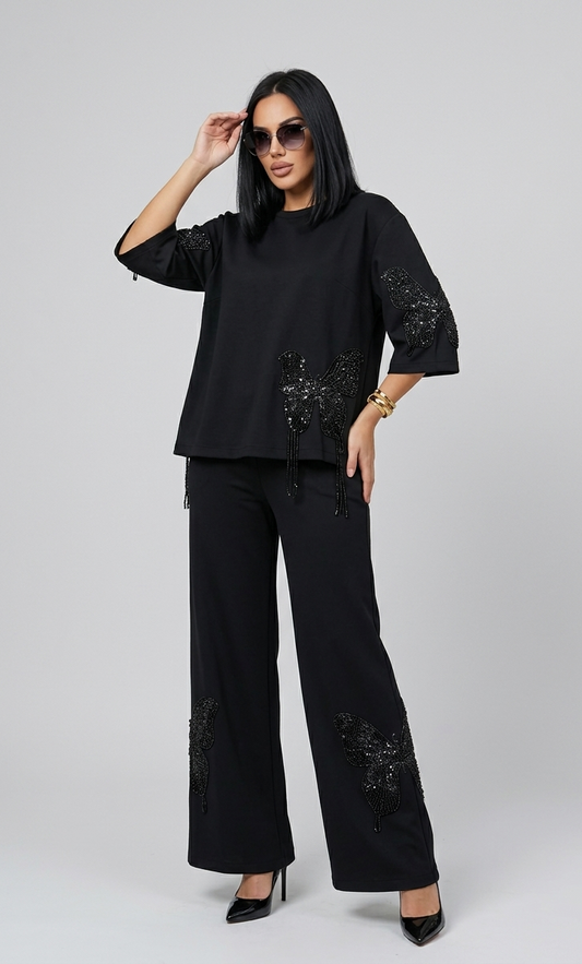 Women's Black Butterfly Appliqué Free Size Co-ord Set